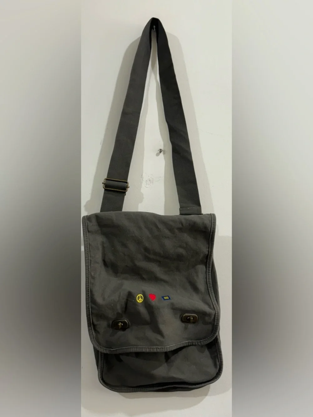 Garment Washed Men's Dark Gray Canvas Messenger Bag with Embroidered Icons